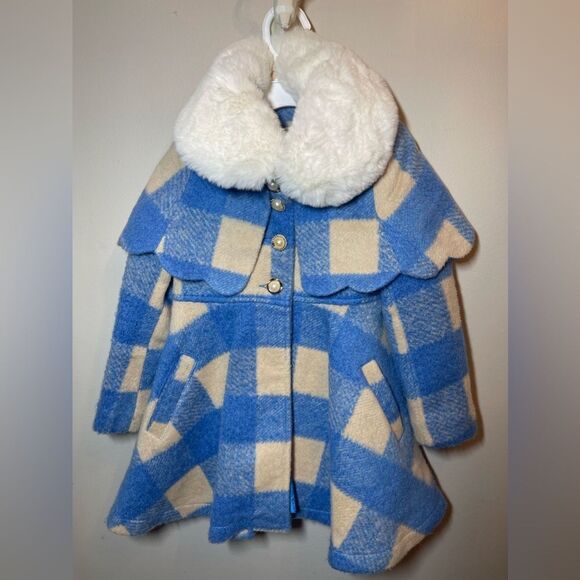 Other - Blue plaid winter girls coat w/ faux fur collar